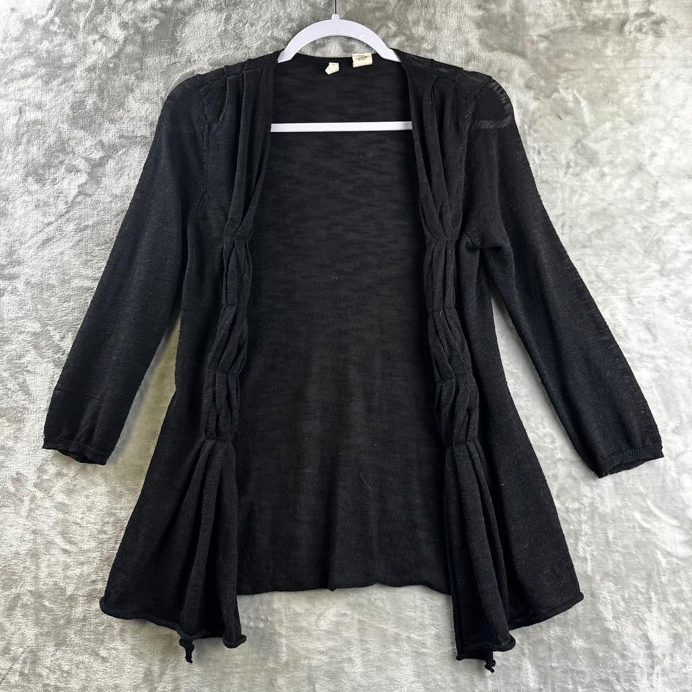 Moth Cardigan Women Small Black Sheer Ramie Rayon Open Front Pleated (1784)